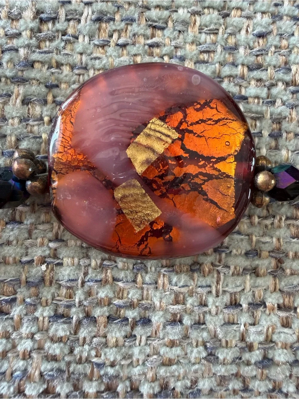Handcrafted Multicolor Glass Bead Statement Necklace - Gold & Amber Accents